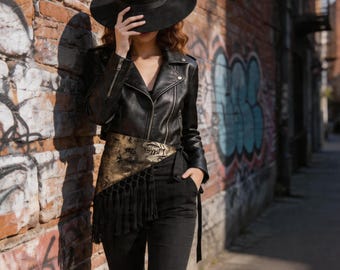 Pas w stylu boho z trójkątną talią, szeroki pas z nadrukiem, otulacz z frędzlami, uniwersalny dodatek do talii w stylu etnicznym