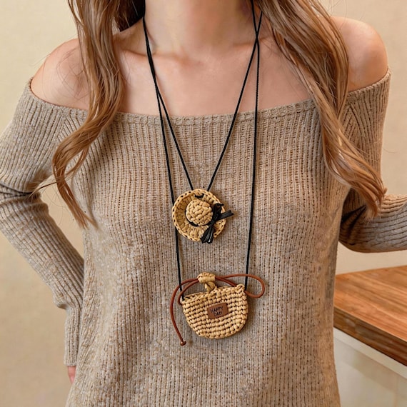 Handwoven Raffia Headphone Bag | Straw Hat Earbud Pouch Necklace