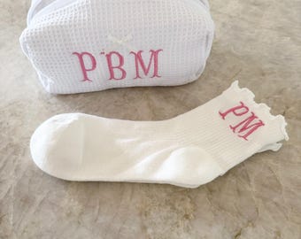 Personalized Monogram Cosmetic Bag and Ruffle Socks Set