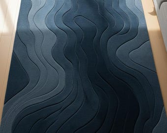 Hand-Tufted Wool Area Rug, Modern Blue Wave Design