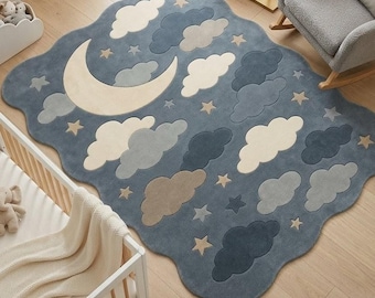 Moon & Stars Wool Nursery Rug • Hand-Tufted Baby Room Carpet