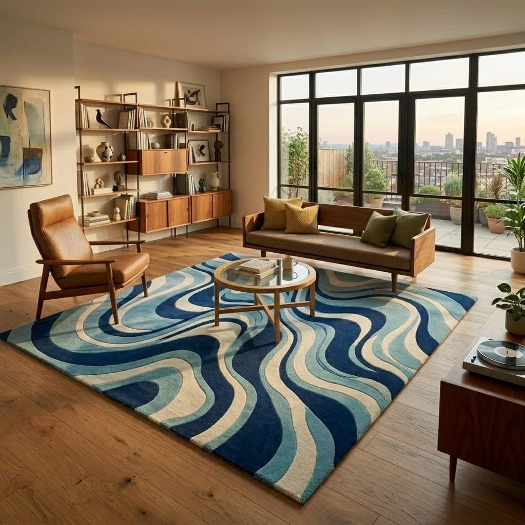 Hand Tufted Wool Rug: Blue Abstract Wave Swirl, Modern Living Room ...