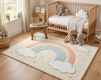Hand-Tufted Pastel Rainbow Cloud Star Rug | 3D Textured Wool Blend Play Mat 7x10 FT