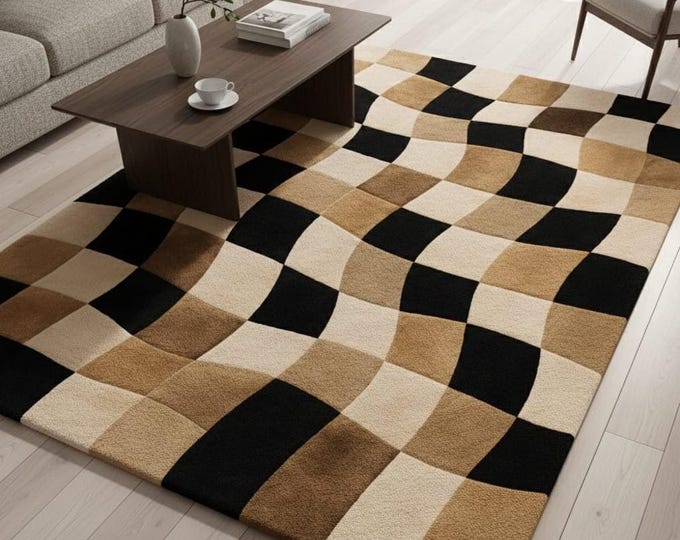 Featured listing image: Modern Abstract Area Rug, Wavy Checkerboard Rug, Beige Black Geometric Carpet, Contemporary Living Room Rug, Minimalist Home Decor