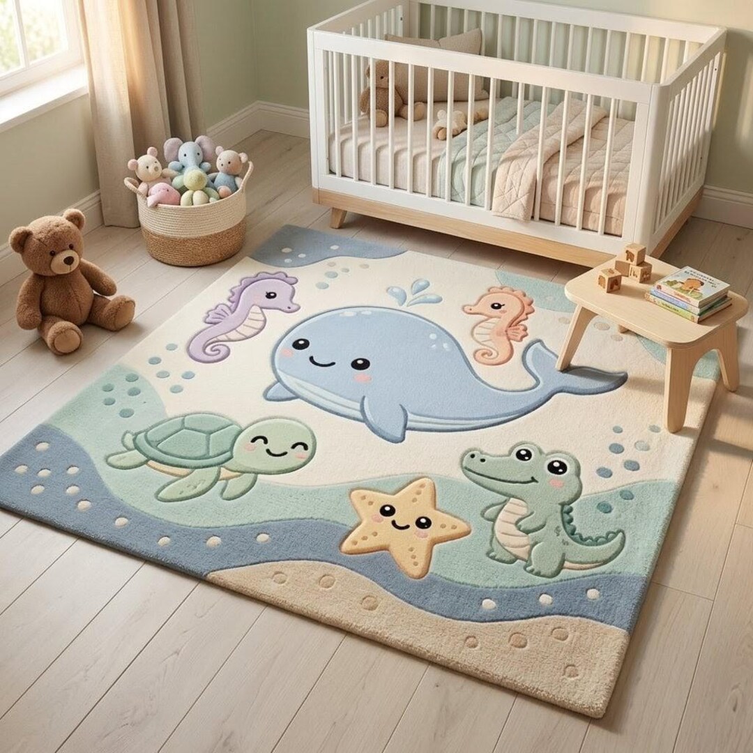 Hand Tufted Wool Whale Turtle Sea Animal Nursery Rug – Play Mat Kids ...
