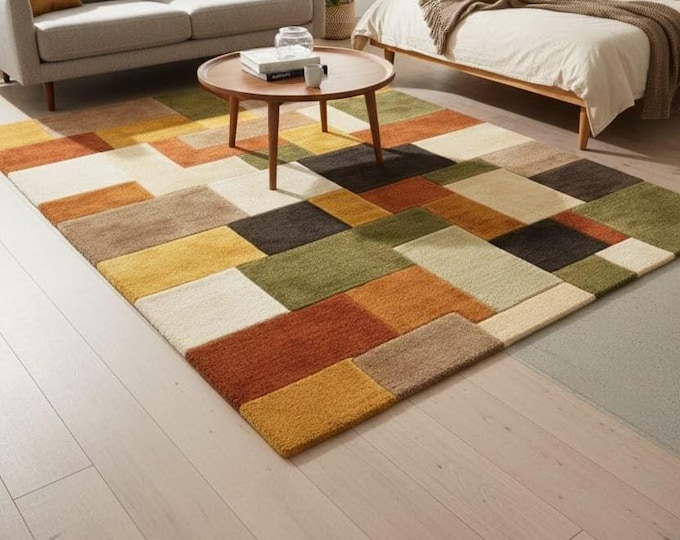Featured listing image: Hand-Tufted Wool Area Rug, Modern Geometric Patchwork Carpet
