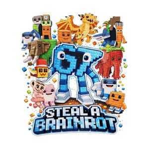 Może przedstawiać: Kolorowa grafika z pikselowanymi postaciami, w tym niebieskim robotem, smokiem i słoniem. Tekst "STEAL A BRAINROT" jest wyświetlany w niebieskiej, pikselowanej czcionce, co podkreśla zabawny charakter obrazu.