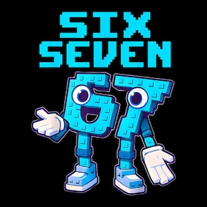 Może przedstawiać: Cyfrowa ilustracja na czarnym tle. Obraz przedstawia słowa "SIX SEVEN" w pikselowanych, jasnoniebieskich literach. Poniżej liczby 6 i 7 są spersonifikowane z oczami, ramionami, nogami i butami, również w kolorze jasnoniebieskim. Liczba 6 się uśmiecha.