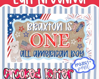 Modelo de banner patriótico para primeiro aniversário | Projeto Canva e Paint "Um Menino Totalmente Americano" (Download Digital)