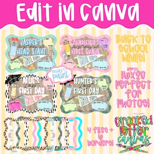 Könnte beinhalten: Vier digitale Vorlagen für Schulschilder mit Bleistiftgrafiken, Textfeldern für Namen, Schulnamen und Details. Enthält den Text Edit in Canva, Back to School Minis und 16x20. Zudem sind sechs wellenförmige dekorative Rahmen in verschiedenen Mustern enthalten.