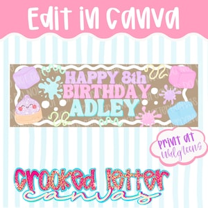 May include: A rectangular banner design featuring the text HAPPY 8th BIRTHDAY ADLEY in pink and blue. The background is brown with a white scalloped border, decorated with illustrations of purple and blue cubes, a smiling dumpling, and paint splatters.