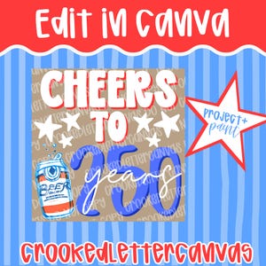 Pode incluir: Um design gr&aacute;fico com o texto "Edit in Canva" na parte superior e "Cheers to 250 years" no centro. Uma ilustra&ccedil;&atilde;o de uma lata de cerveja est&aacute; &agrave; esquerda e uma estrela com "Project + Paint" &agrave; direita. O fundo tem um padr&atilde;o de listras azuis e brancas.