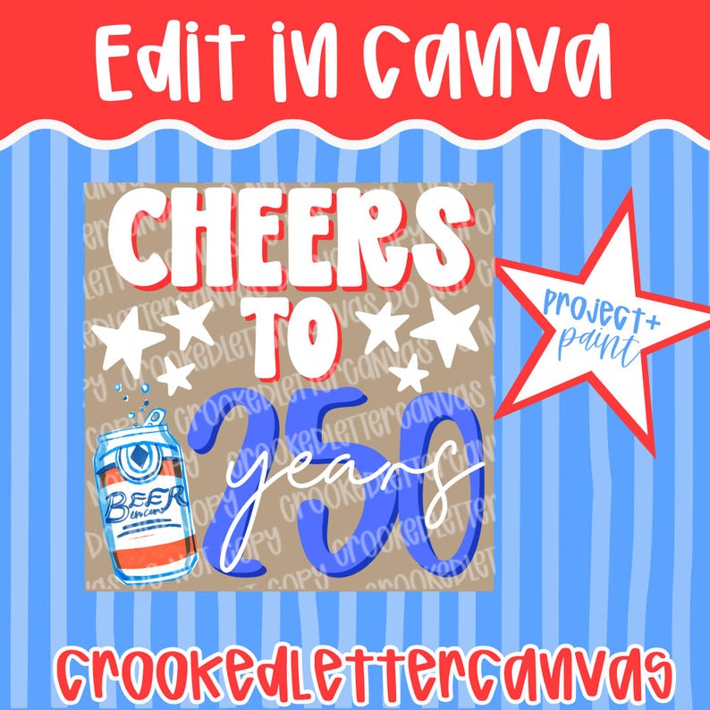 Pode incluir: Um design gr&aacute;fico com o texto "Edit in Canva" na parte superior e "Cheers to 250 years" no centro. Uma ilustra&ccedil;&atilde;o de uma lata de cerveja est&aacute; &agrave; esquerda e uma estrela com "Project + Paint" &agrave; direita. O fundo tem um padr&atilde;o de listras azuis e brancas.