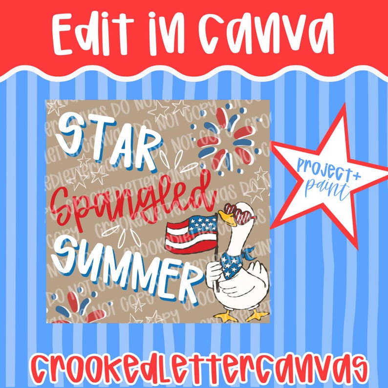 Pode incluir: Um design patri&oacute;tico com um ganso usando &oacute;culos de sol e segurando uma bandeira americana. As palavras "Star Spangled Summer" s&atilde;o exibidas em vermelho e azul. O fundo tem um design de estrela e fogos de artif&iacute;cio.