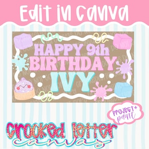 May include: A rectangular graphic design on a tan background featuring the text HAPPY 9th BIRTHDAY IVY in pink and blue. The design includes illustrations of pink and blue cubes, paint splatters, and squiggly lines, with the text Edit in Canva.