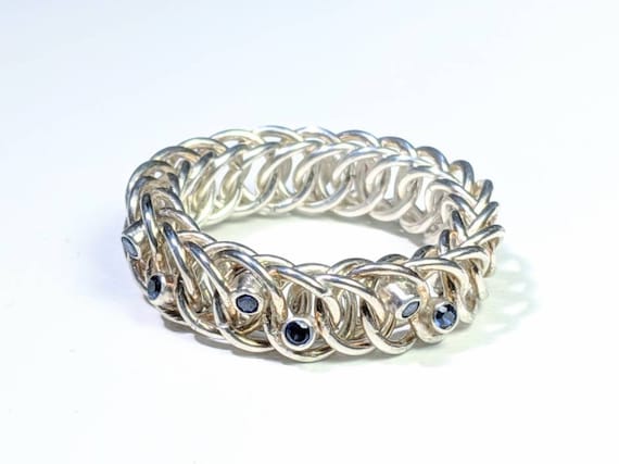 Sapphire Set Silver Chainmail Ring, Size 11 