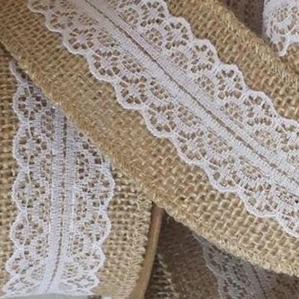 2" Burlap Ribbon with White Lace - Wired - 3 Yards