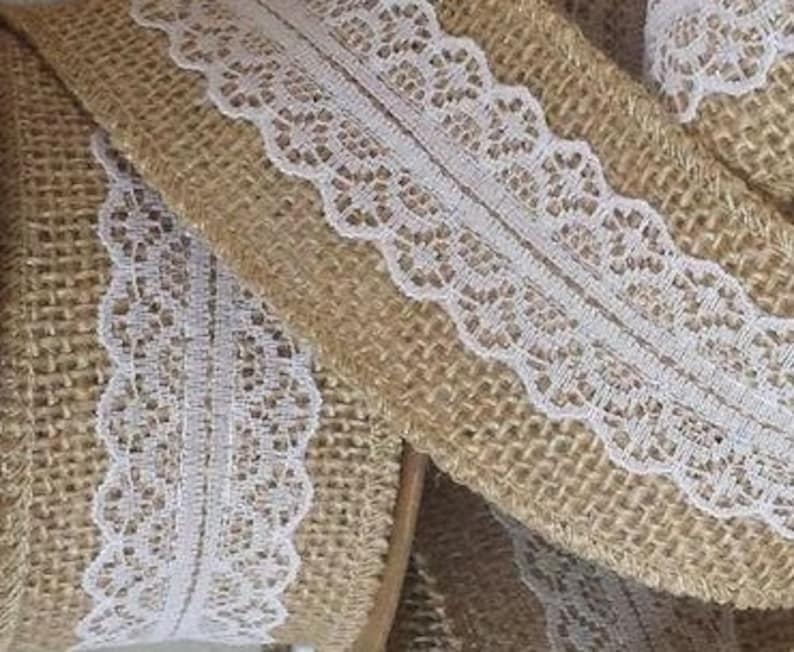 2 Burlap Ribbon with White Lace Wired 3 Yards image 1