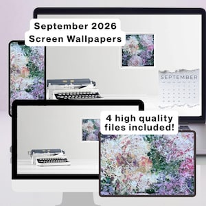 May include: Digital screen wallpapers for September 2026 featuring an abstract floral pattern in shades of pink, green, and white. The set includes 4 high quality files for various devices, displaying a vintage typewriter and a calendar page.