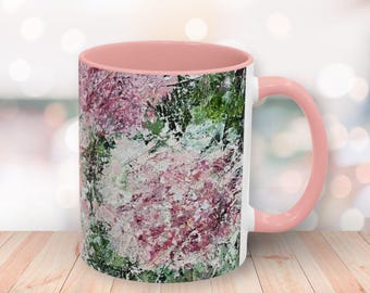 Floral Ceramic 11oz Coffee Mug | Pink Accent Handle and Rim | Cottage Core Flower Art Cup