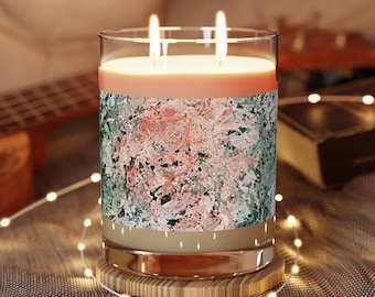 Luxury Scented 2-wick Soy Candle 11oz Glass Jar with Abstract Flowers Label | Choice of 2 scents: White Tea and Fig, or Ocean Mist and Moss