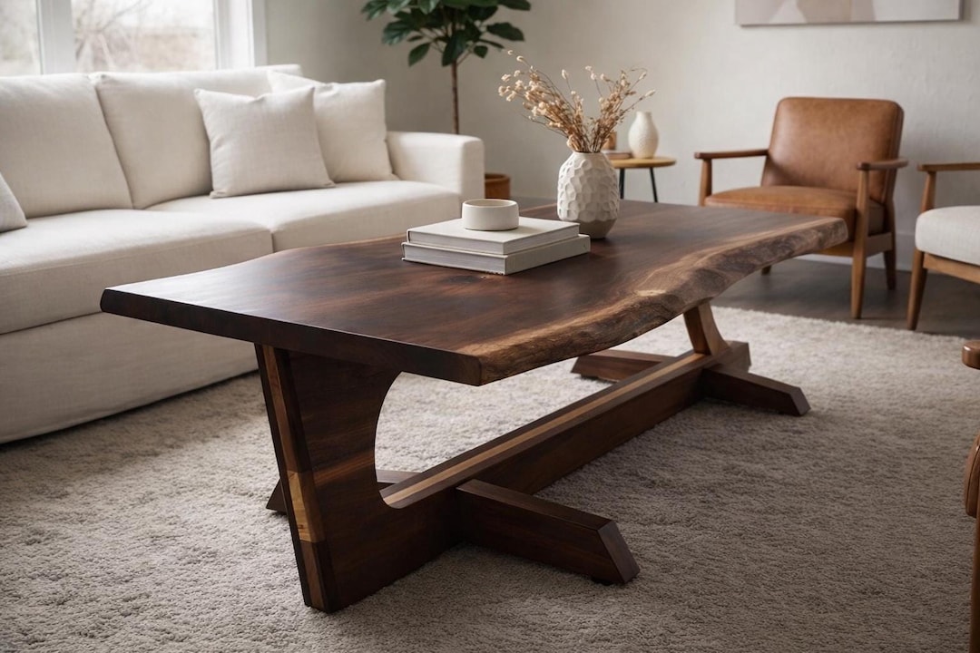 Live edge black walnut coffee table with sculpted base and maple inlay