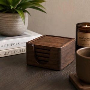 Modern Handmade Wood Coaster Set with Matching Holder