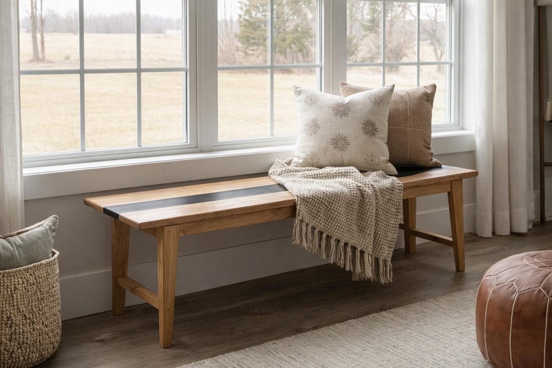 Solid oak bench with a black epoxy river running its length