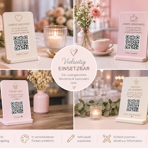 Könnte beinhalten: Ein Set aus vier rechteckigen, 3D-gedruckten Schildern mit Ständern, die jeweils einen individuellen QR-Code und Text enthalten. Die Schilder werden in verschiedenen Umgebungen wie Hochzeiten, Cafés, Bäckereien und Events in Rosa- und Weißtönen gezeigt.