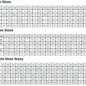 May include: A black and white shoe size conversion chart featuring three distinct tables labeled Mens Shoe Sizes, Ladies Shoe Sizes, and Boys & Girls Shoe Sizes. Each table lists Mondopoint, US & Can, European, UK, Australia, and Japan sizing standards.