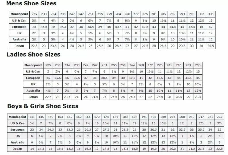 May include: A black and white shoe size conversion chart featuring three distinct tables labeled Mens Shoe Sizes, Ladies Shoe Sizes, and Boys & Girls Shoe Sizes. Each table lists Mondopoint, US & Can, European, UK, Australia, and Japan sizing standards.