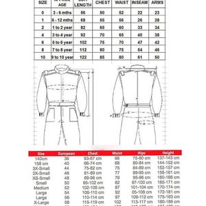 May include: A black and white sizing chart for clothing, featuring two line drawings of a jumpsuit with labeled measurement points. The top table lists sizes 0 through 10 with age, length, chest, waist, inseam, and arm measurements in cm.