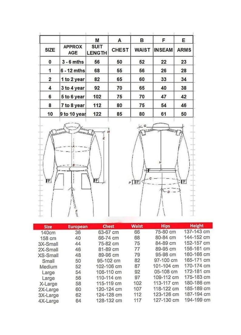 May include: A black and white sizing chart for clothing, featuring two line drawings of a jumpsuit with labeled measurement points. The top table lists sizes 0 through 10 with age, length, chest, waist, inseam, and arm measurements in cm.
