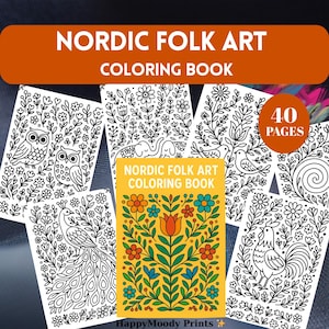 Peut inclure: Plusieurs livres de coloriage intitulés "Nordic Folk Art Coloring Book". Les livres présentent des dessins au trait noirs et blancs d'animaux et de motifs de style folk. Une couverture de livre est jaune avec un motif floral. Les livres ont 40 pages.