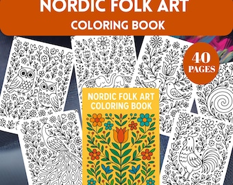 Op de afbeelding: Een verzameling kleurboeken met de titel "Nordic Folk Art Coloring Book". De boeken bevatten gedetailleerde zwart-wit tekeningen van uilen, bloemen, vogels en andere folk art ontwerpen. De omslag van één boek is geel met een bloemenontwerp. De boeken hebben 40 pagina's.