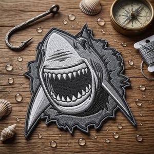 May include: Embroidered shark patch with a detailed design, featuring sharp teeth and a menacing expression. The patch is gray and white, with a textured appearance. A fishing hook, compass, seashells, and thread are also visible.