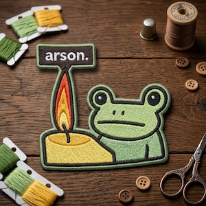 Funny Frog Arson Embroidered Patch, Sarcastic Chaos Frog Embroidered Patch, Quirky Animal Dark Humor Art Decal