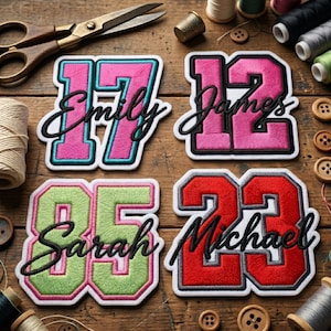 May include: Four embroidered patches featuring numbers and names. The top left shows 17 with Emily, top right 12 with James, bottom left 05 with Sarah, and bottom right 23 with Michael. Each patch has a thick white border and black script lettering.