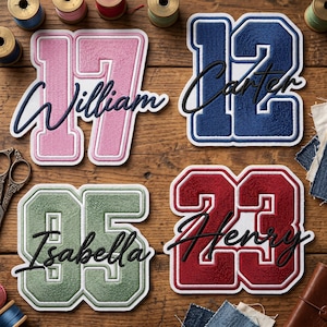 May include: Four embroidered patches with numbers and names. Pink patch with "17" and "William", blue patch with "12" and "Carter", green patch with "05" and "Isabella", and red patch with "23" and "Henry".