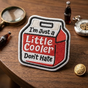 May include: Embroidered patch with the text "I'm Just a Little Cooler Don't Hate" in white on a red and white cooler design. The patch is bordered in black and white. Other items in the image include a magnifying glass, a miniature Coca-Cola bottle, a pocket watch, and a gold button.