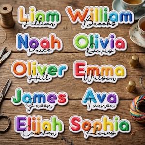 May include: Colorful name stickers with a 3D effect, featuring names like Liam, William, Noah, Olivia, Oliver, Emma, James, Ava, Elijah, and Sophia. Each name is in a different color, with a white border, on a wooden surface.