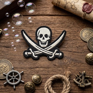 Pirate Skull Embroidered Patch, Jolly Roger Crossbones Embroidered Patch, Nautical Adventure Sailor Art Decal