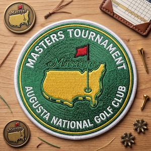 May include: A green and yellow embroidered patch with the words "Masters Tournament Augusta National Golf Club." The patch features a map of the golf course with a red flag. Two gold-colored coins and golf tees are also visible.