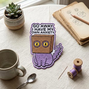 Own Anxiety Cat Embroidered Patch, Go Away Funny Purple Cat Embroidered Patch, Sarcastic Introvert Box Cat Art