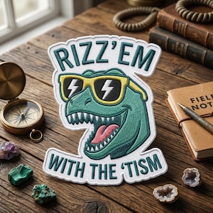 Rizz Em With The Tism Dino Embroidered Patch, Neurodivergent Humor Embroidered Patch, Funny T-Rex Sarcastic Art Decal