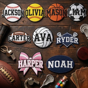 May include: Embroidered patches featuring names on sports ball designs, including baseball, softball, basketball, and soccer. Other patches include a football, volleyball, lacrosse, and a bow. The names are Jackson, Olivia, Mason, Liam, Carter, Ava, Ryder, Harper, and Noah.