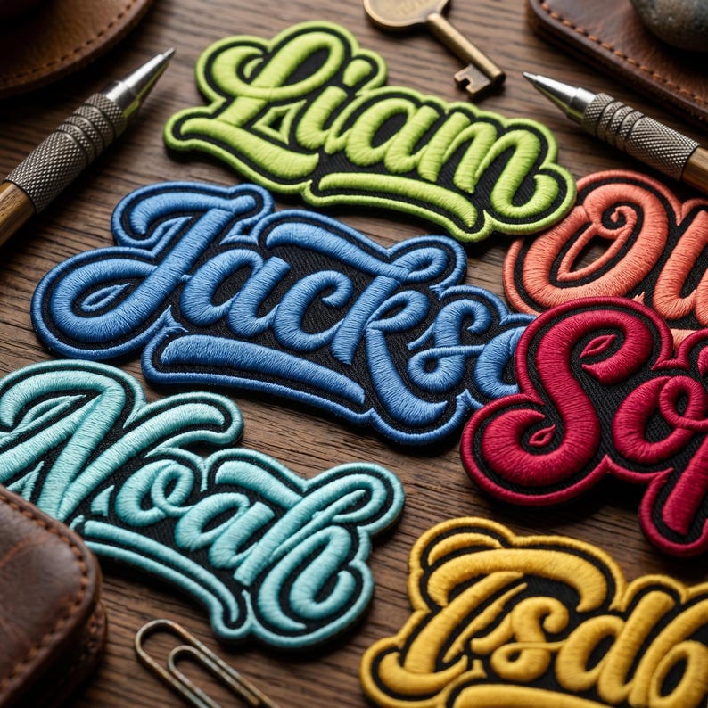 May include: Close-up of embroidered name patches in various colors, including green, blue, red, and yellow, with black outlines. The names are in a cursive font. The patches are on a wooden surface.