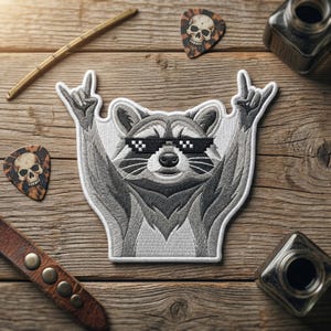 May include: Embroidered patch featuring a raccoon wearing pixelated sunglasses and making a rock-and-roll hand gesture. The patch is gray and white with a white border. The image includes guitar picks with skull designs and ink bottles.