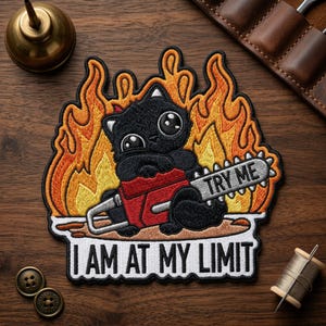 I Am At My Limit Cat Embroidered Patch, Funny Chainsaw Cat Embroidered Patch, Sarcastic Chaos Animal Art Decal