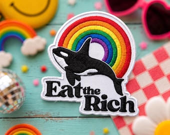 Eat The Rich Orca Patch, Funny Killer Whale Rainbow Embroidered Badge, Sarcastic Leftist Meme DIY Jacket Decor Art Gift